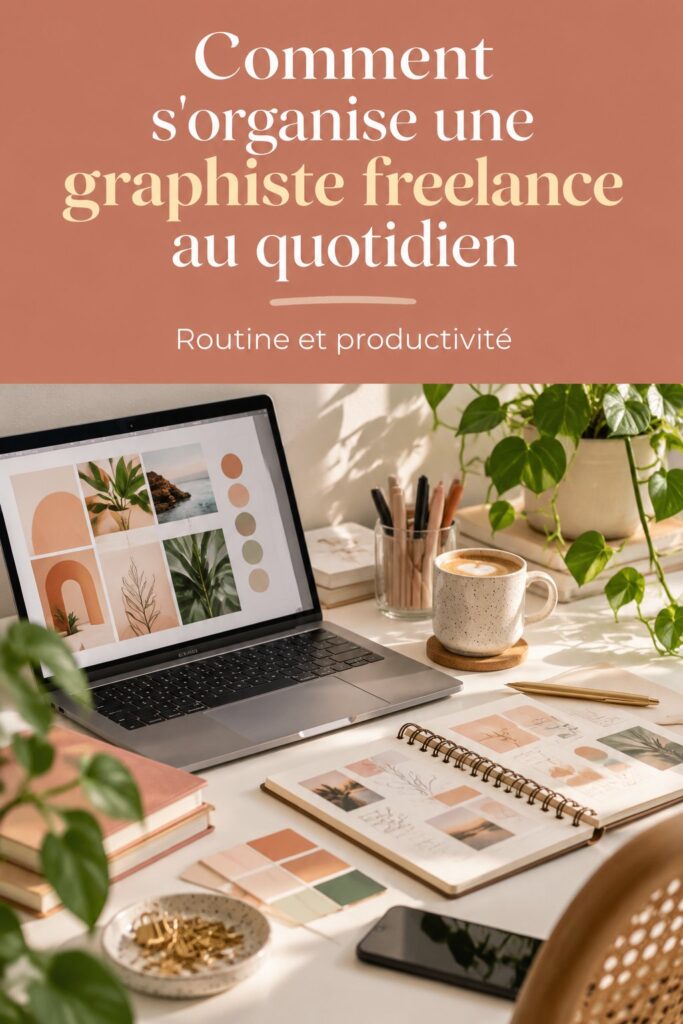 Journée type d'une graphiste freelance avec son bureau, outils de travail visibles